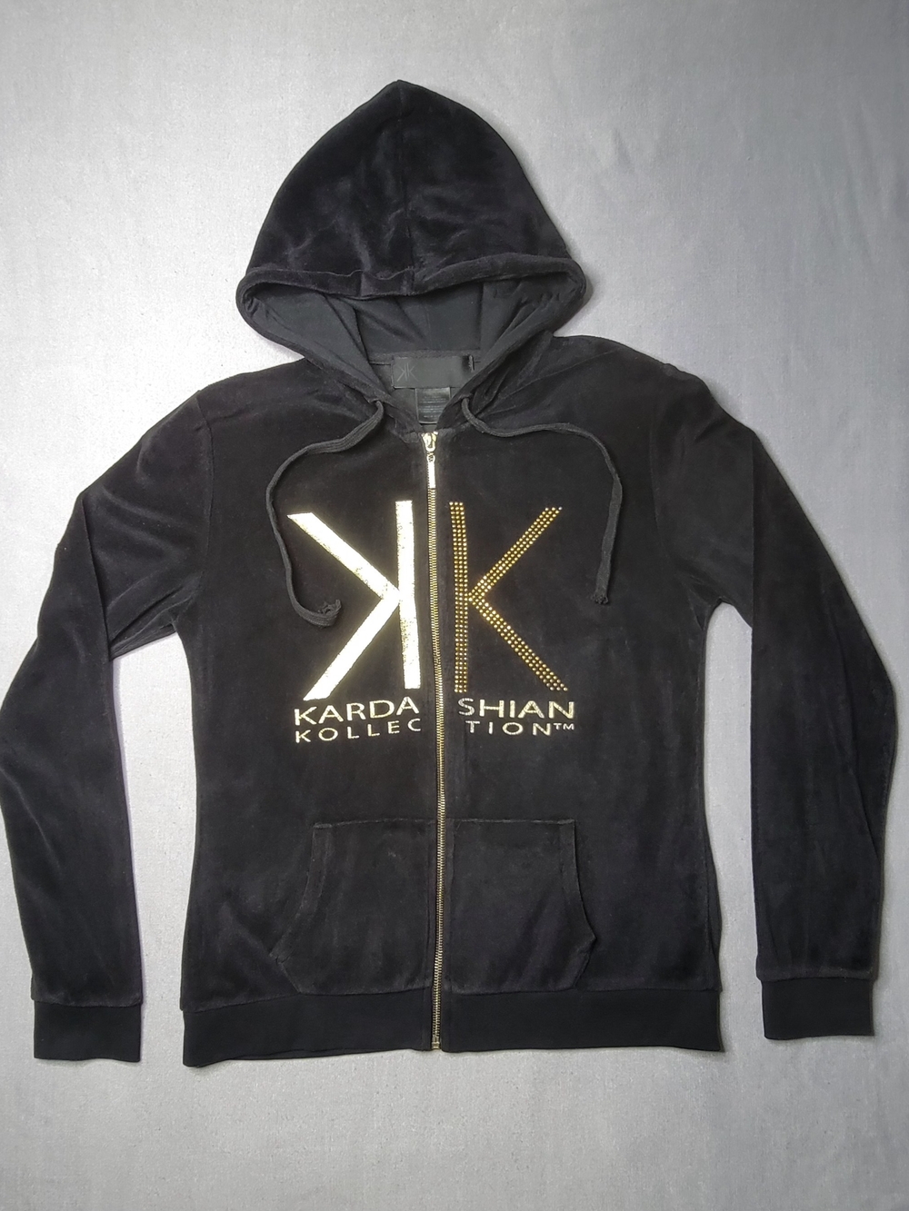 Kardashian Kollection Womens Velor Tracking Hoodie Full Zip Black & Gold Size S